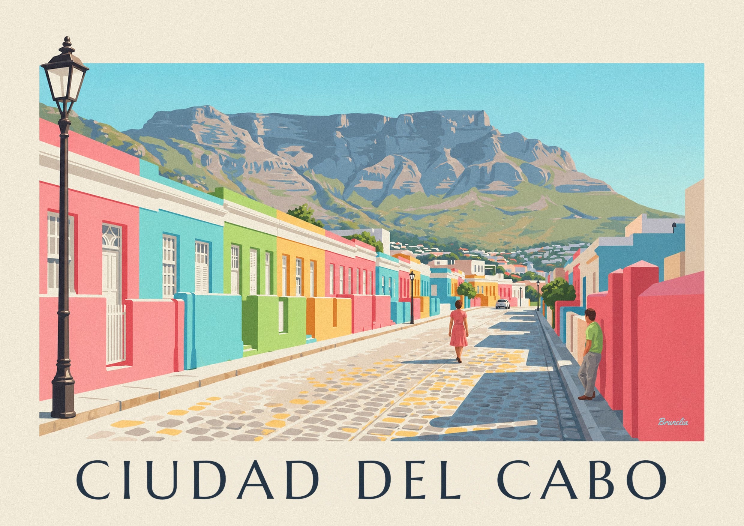 Póster casas de colores del Bo-Kaap en Ciudad del Cabo y Montaña de la Mesa: detalle en primer plano