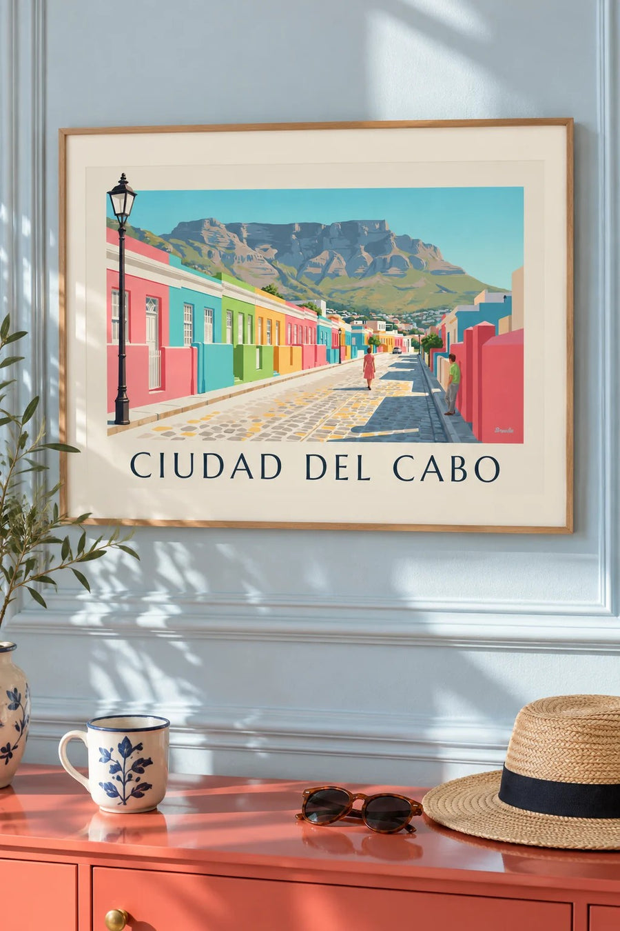 Póster casas de colores del Bo-Kaap en Ciudad del Cabo y Montaña de la Mesa: enmarcado en la pared