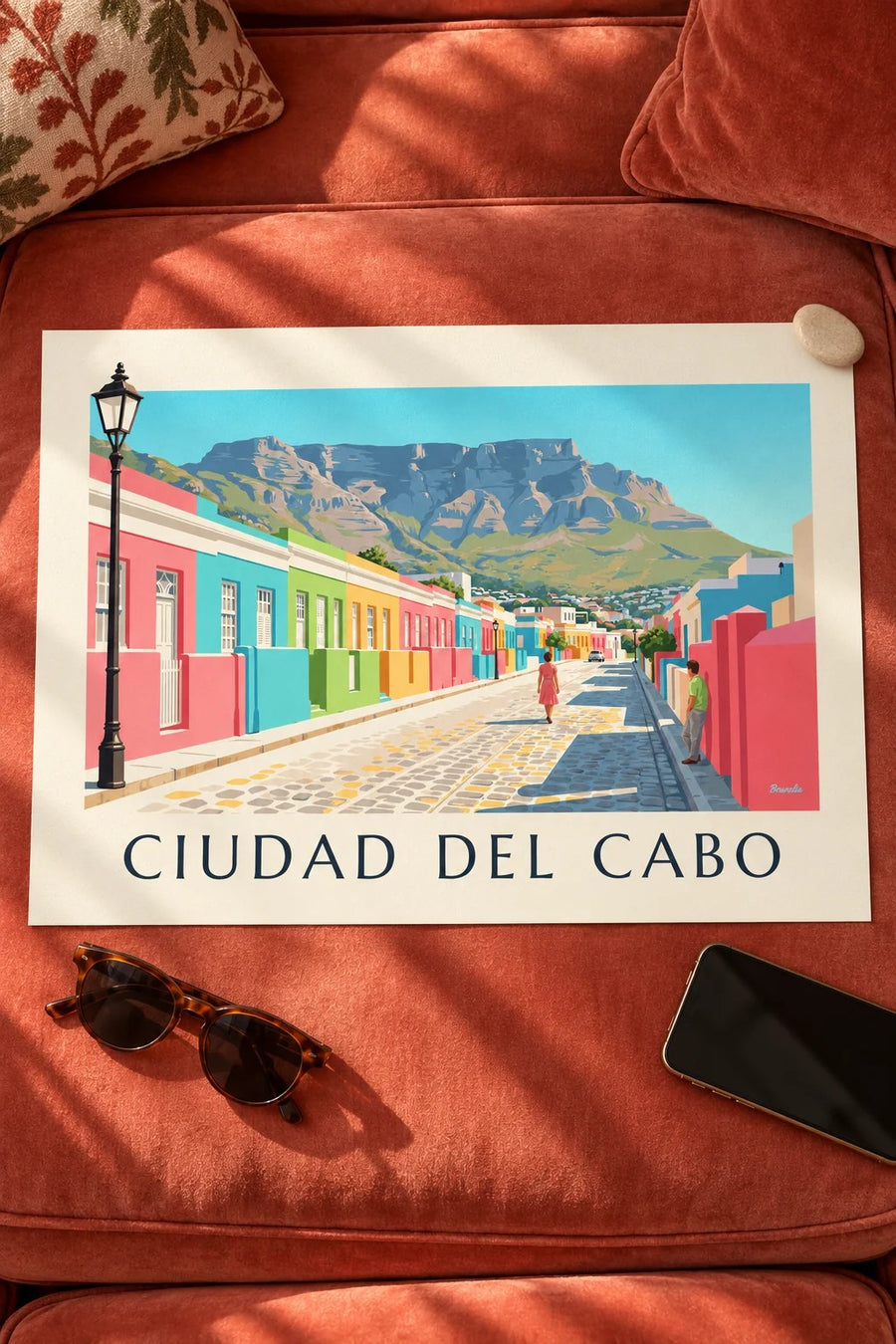 Póster casas de colores del Bo-Kaap en Ciudad del Cabo y Montaña de la Mesa: formato pequeño A4 enmarcado
