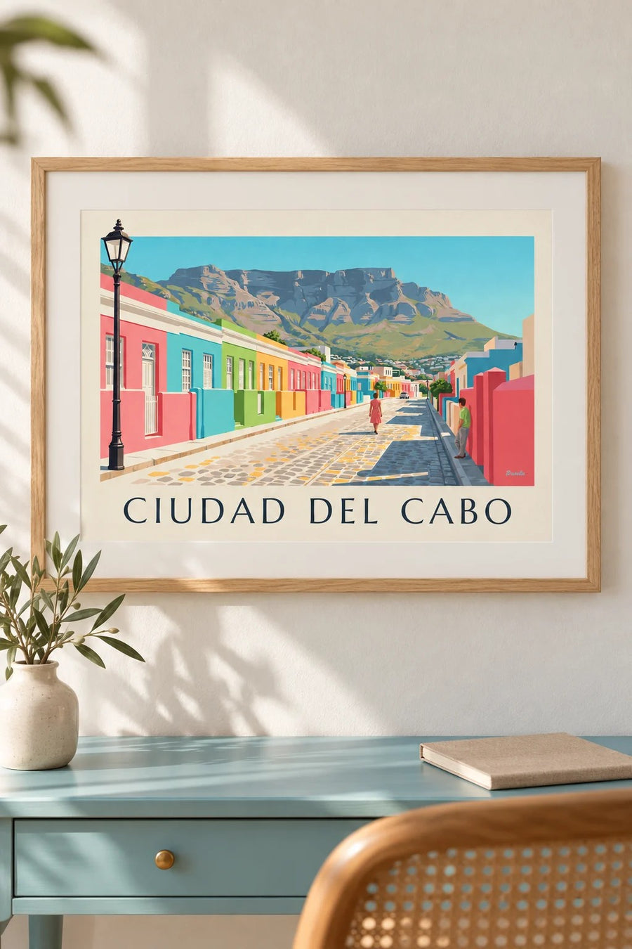 Póster casas de colores del Bo-Kaap en Ciudad del Cabo y Montaña de la Mesa: formato pequeño A4 enmarcado