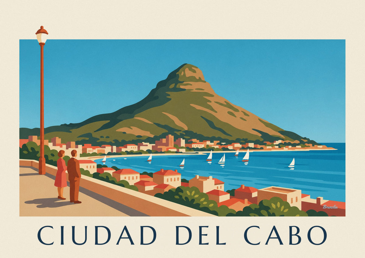 Póster Ciudad del Cabo, Lion's Head y bahía con veleros desde el paseo marítimo
