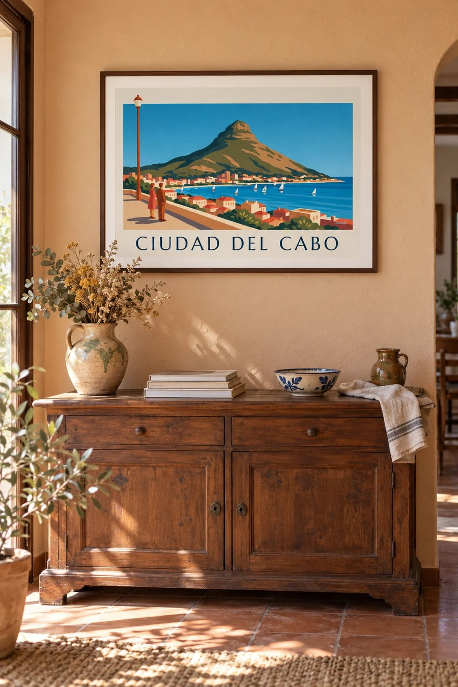 Póster Ciudad del Cabo, Lion's Head y bahía con veleros desde el paseo marítimo: enmarcado en la pared