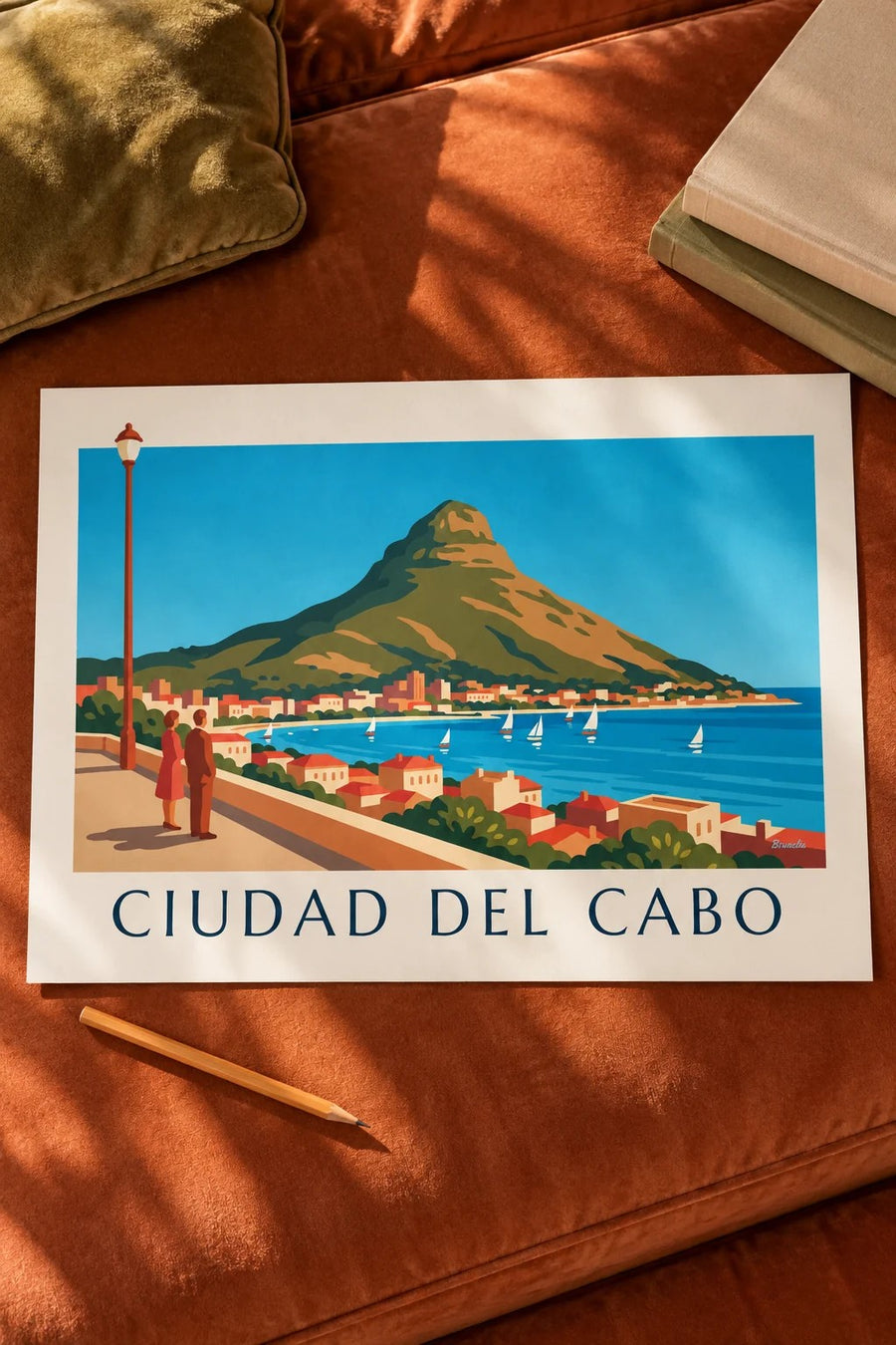 Póster Ciudad del Cabo, Lion's Head y bahía con veleros desde el paseo marítimo: formato pequeño A4 enmarcado