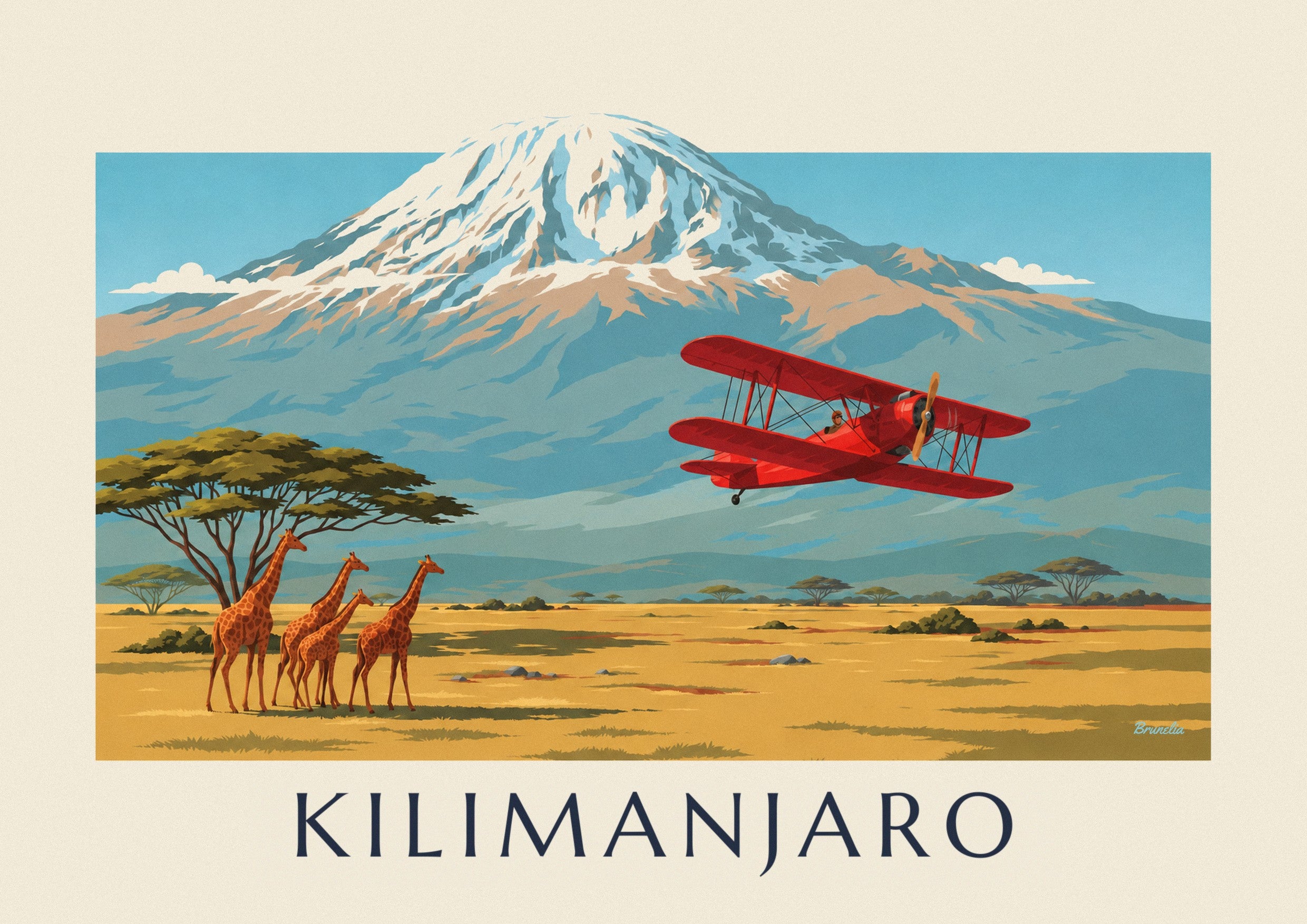 Póster biplano sobrevolando la sabana y el Kilimanjaro: detalle en primer plano