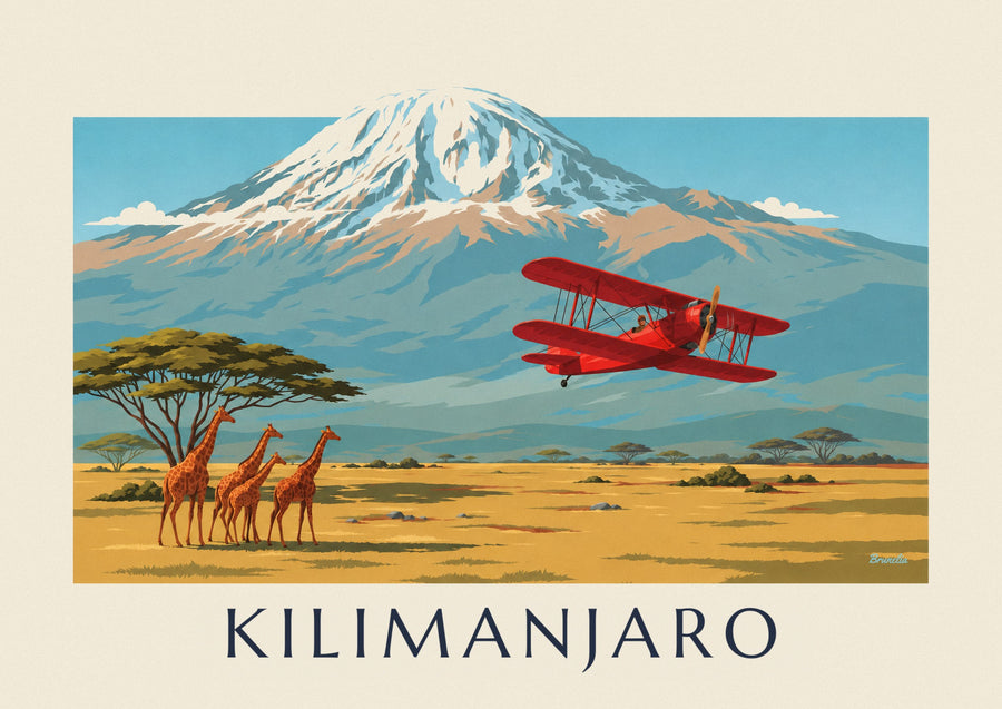 Póster biplano sobrevolando la sabana y el Kilimanjaro