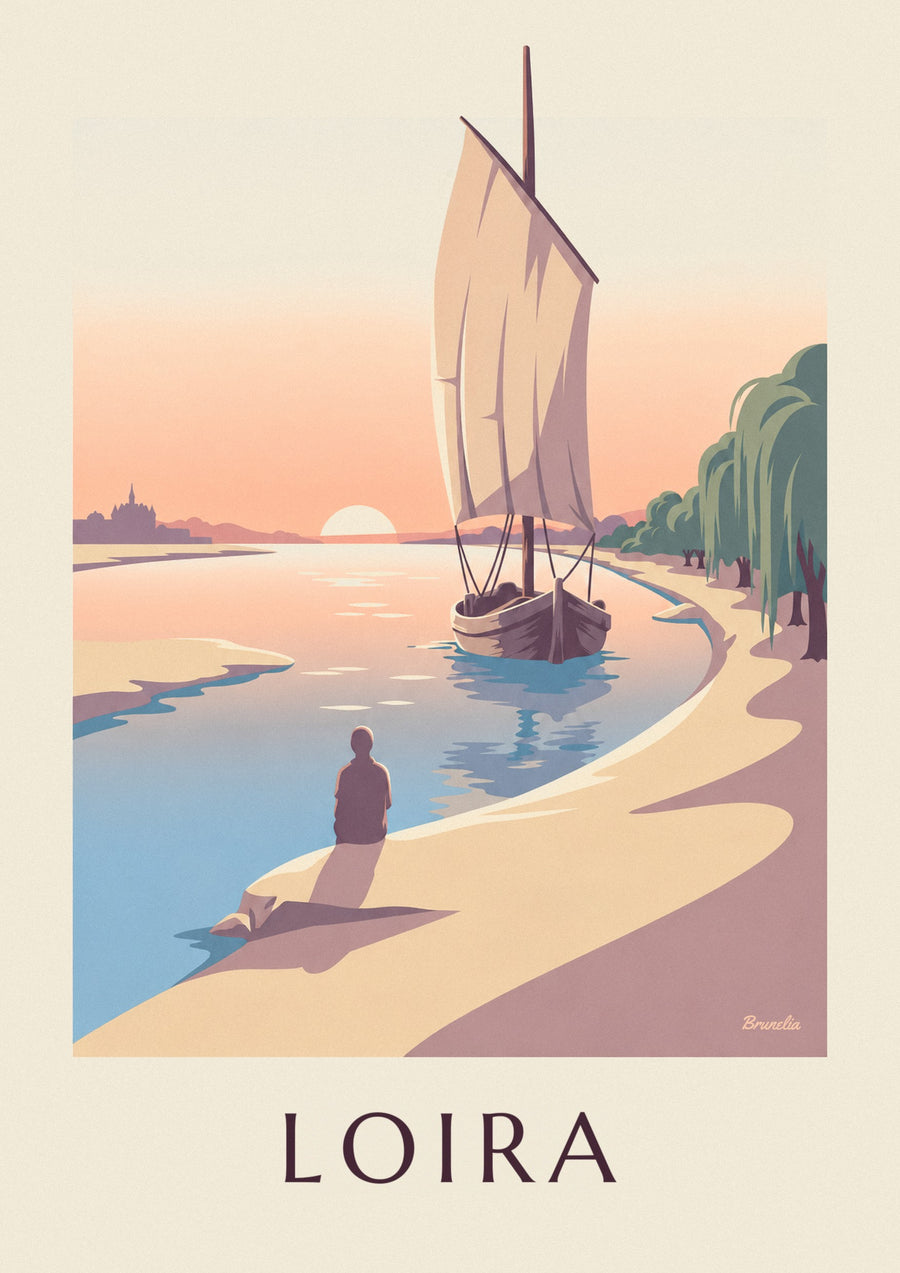 Póster de gabarra de vela cuadrada sobre el Loira al atardecer