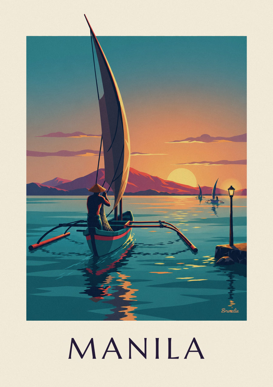 Póster piragua bangka en la bahía de Manila al atardecer