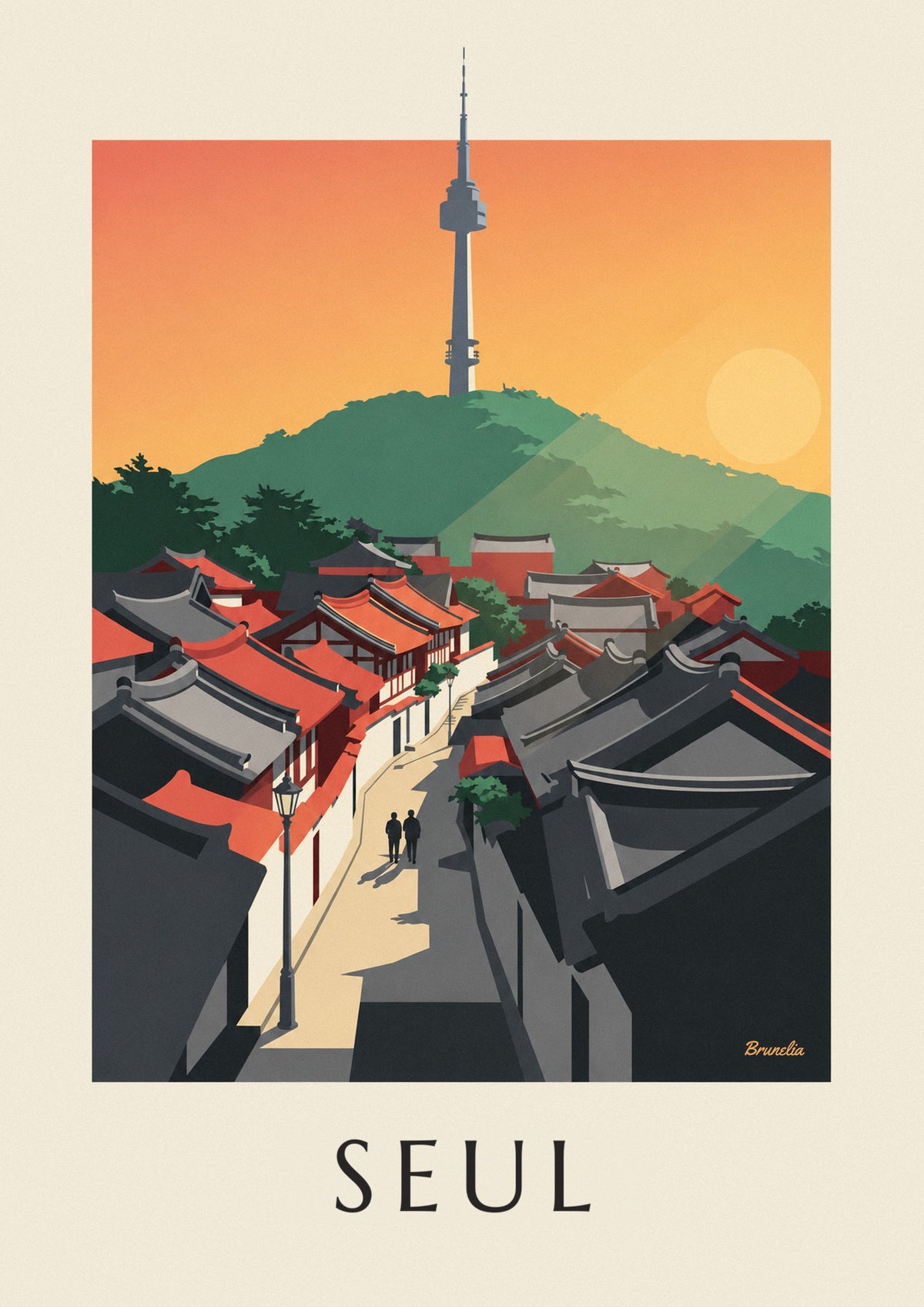 Póster tejados tradicionales del barrio de Bukchon en Seúl