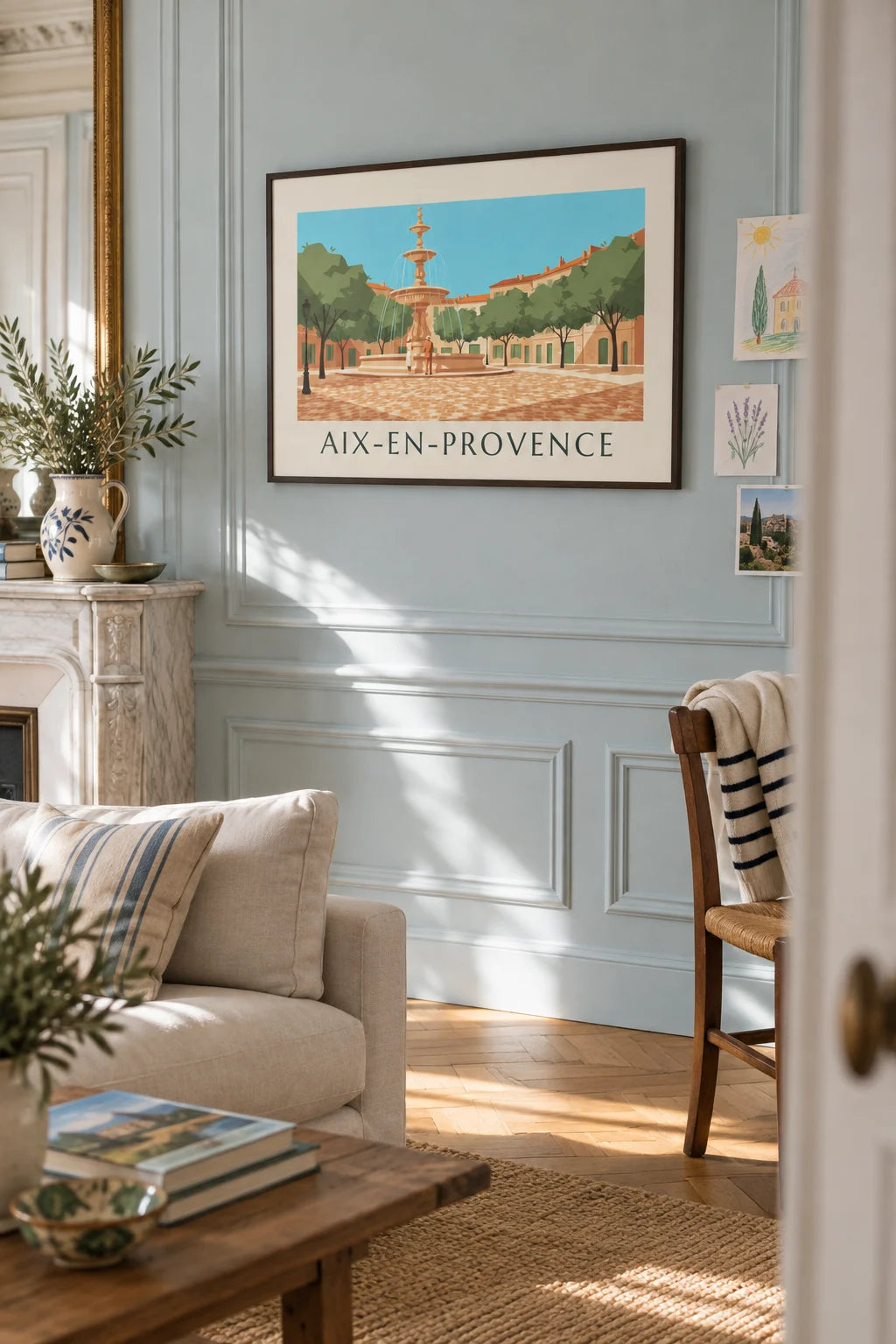 Living room: Aix-en-Provence Rotonde fountain poster on the wall