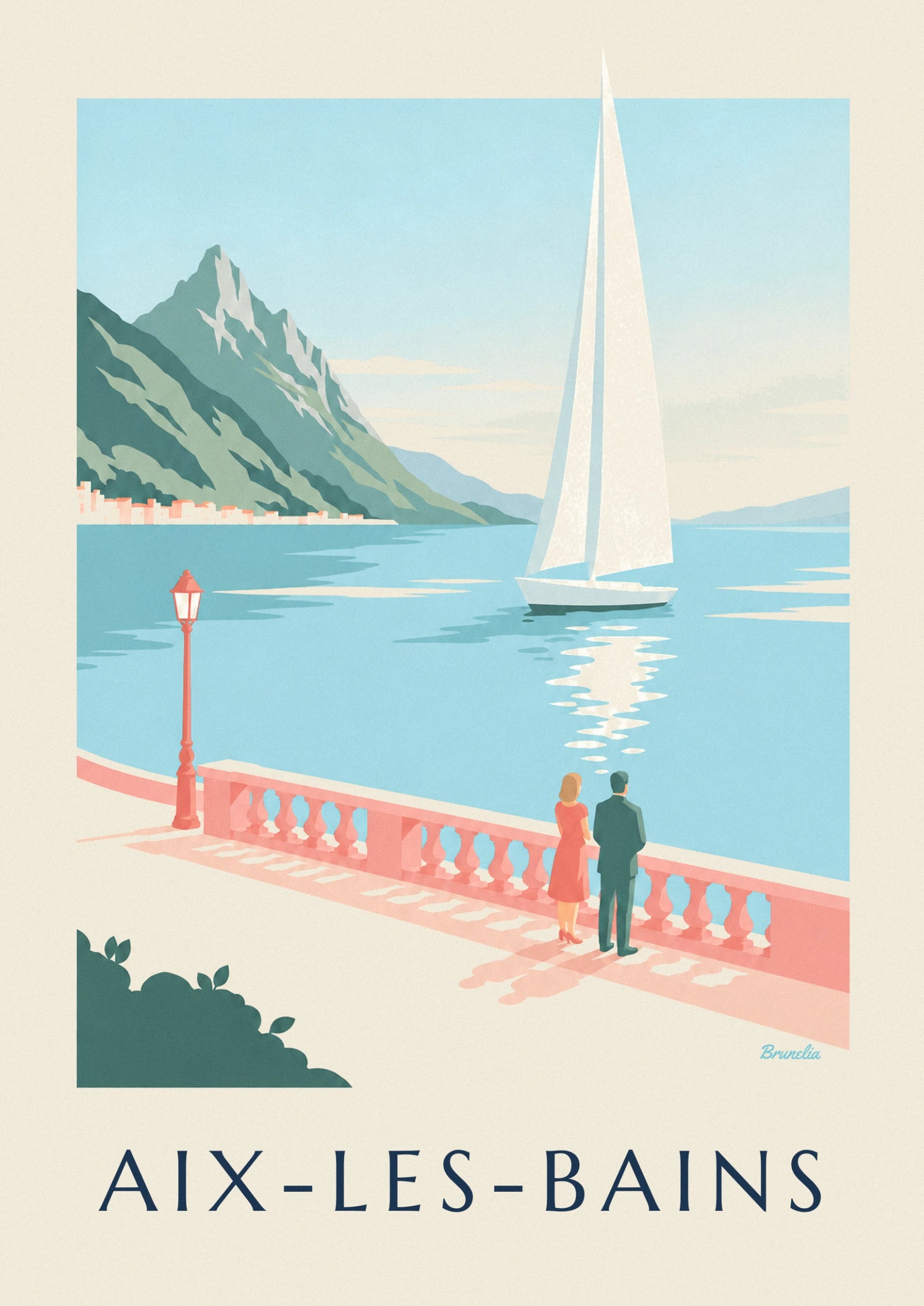 Le voilier blanc à grande voile filant sur le lac bleu, montagnes au fond