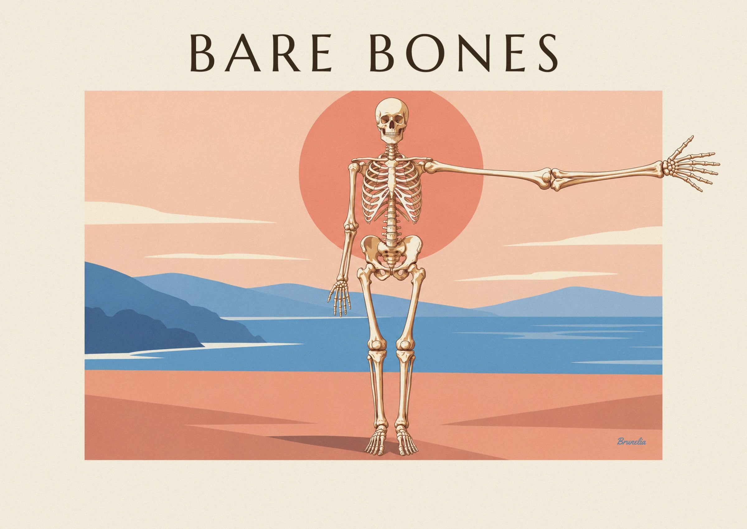 The skeleton seen from the front, with its skull, ribcage and pelvis against a large coral sun