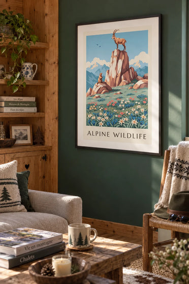 Póster fauna y flora de los Alpes: cabra montés, marmota y edelweiss, enmarcado en la pared