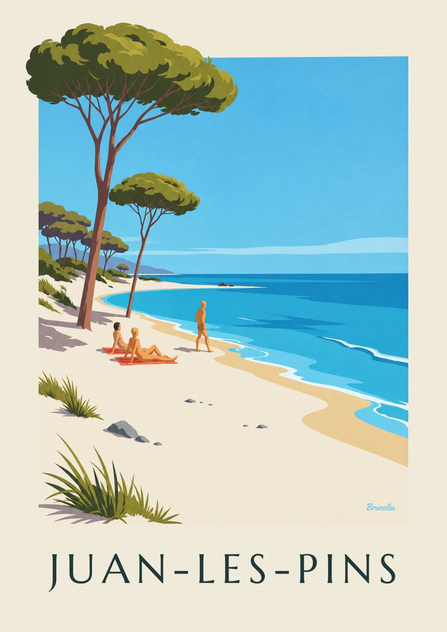 The large umbrella pine and its 2 smaller neighbours in front of the blue sea at the foot of the hill