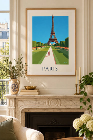 Póster de la torre Eiffel desde los jardines del Campo de Marte: enmarcado en la pared