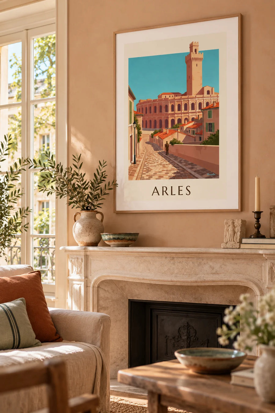 Póster de la arena romana de Arlés y casco antiguo en la Provenza: enmarcado en la pared