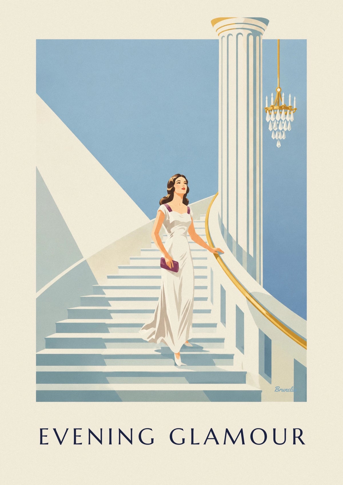 Woman in evening gown on a grand staircase poster