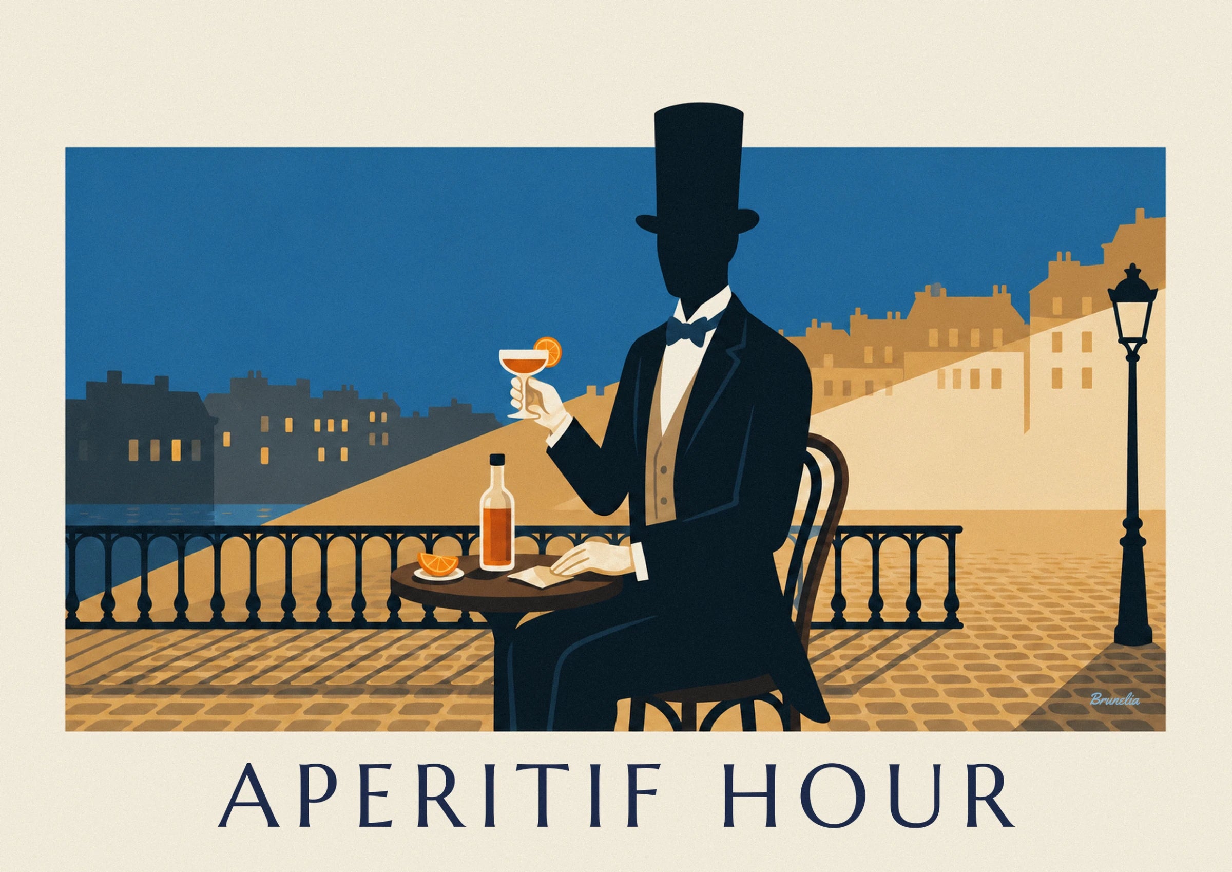 L'homme en haut-de-forme et nœud papillon, son verre d'apéritif à l'orange à la main
