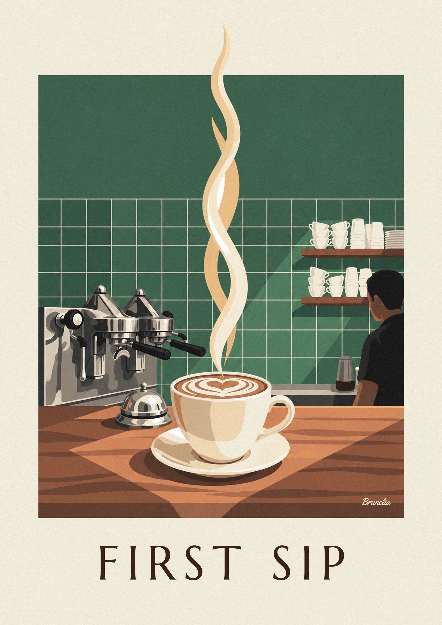 The cappuccino with a foam heart on its saucer, with golden steam above the wooden counter