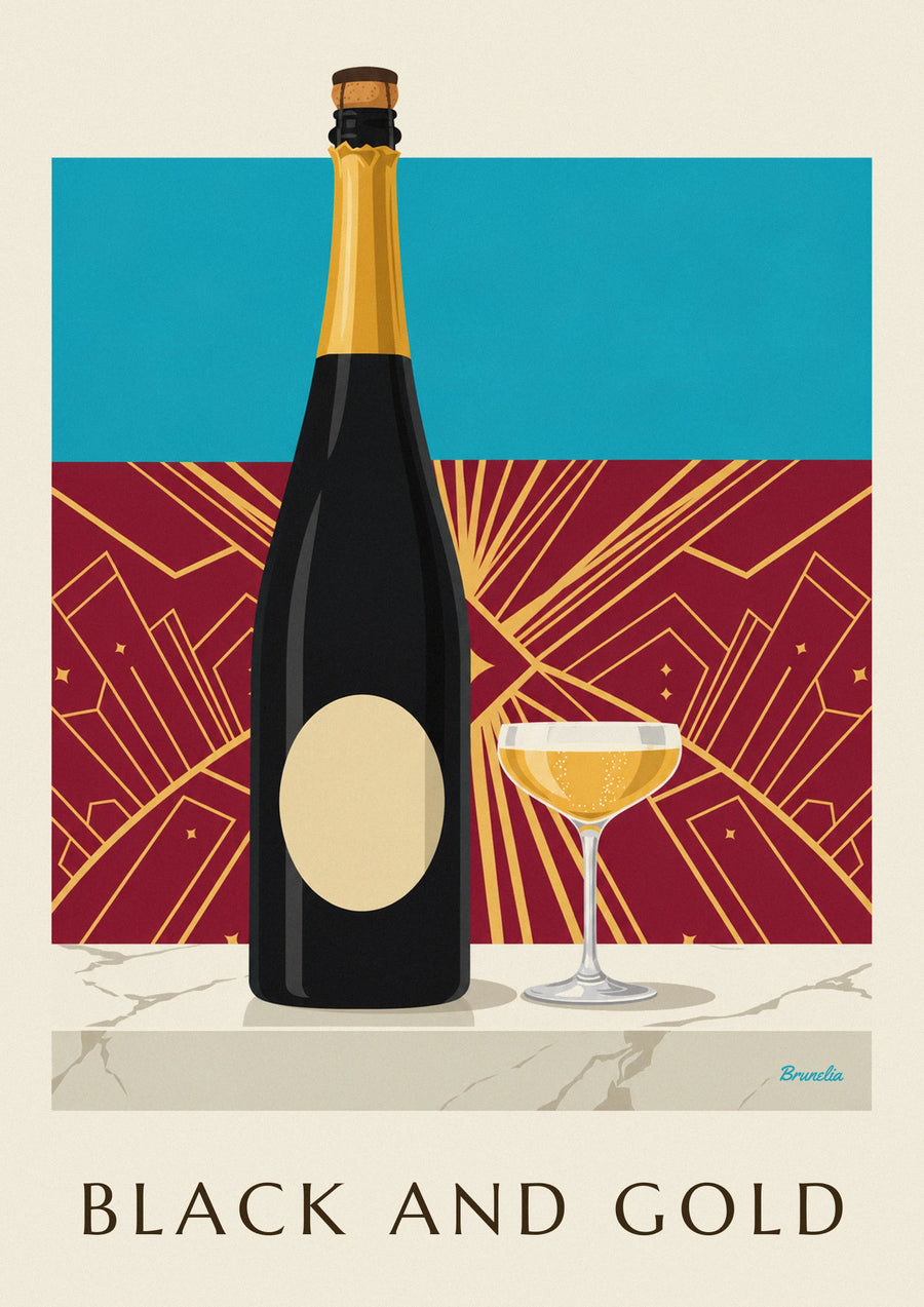 Affiche bouteille de champagne brut noir et or