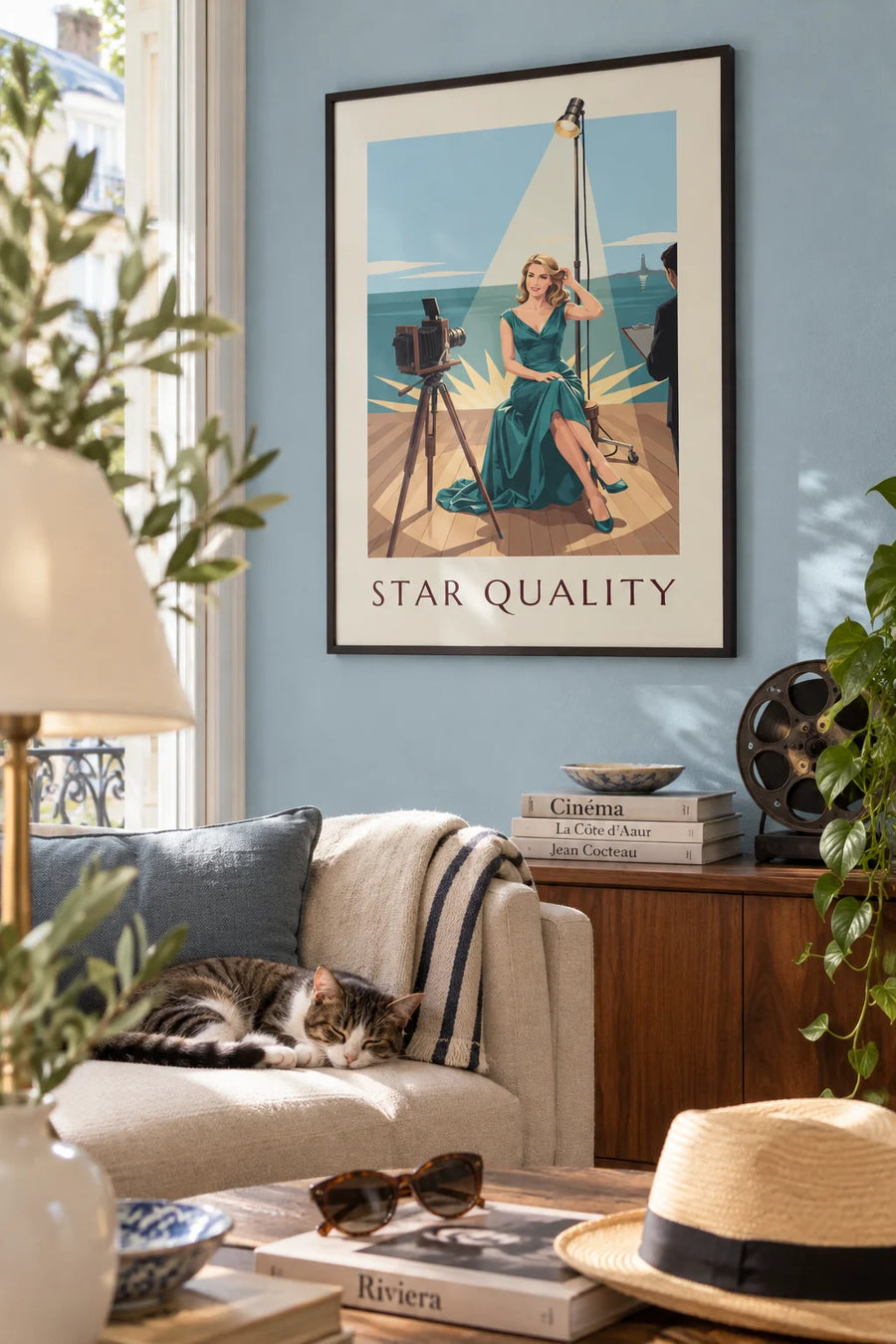 Poster of a glamorous woman’s portrait in a photo studio: framed on the wall