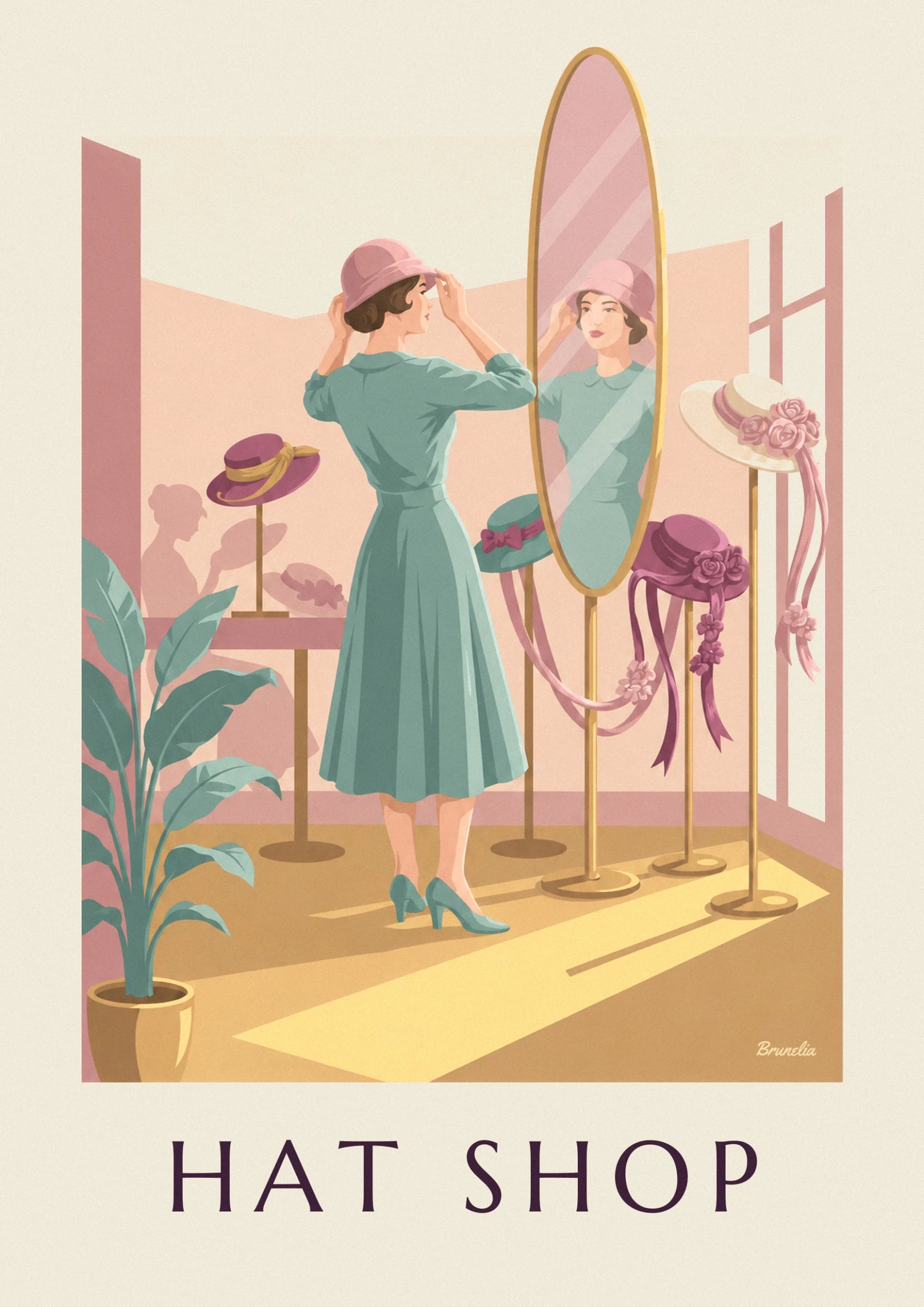 A woman in a green dress adjusting her pink hat in front of the milliner’s mirror