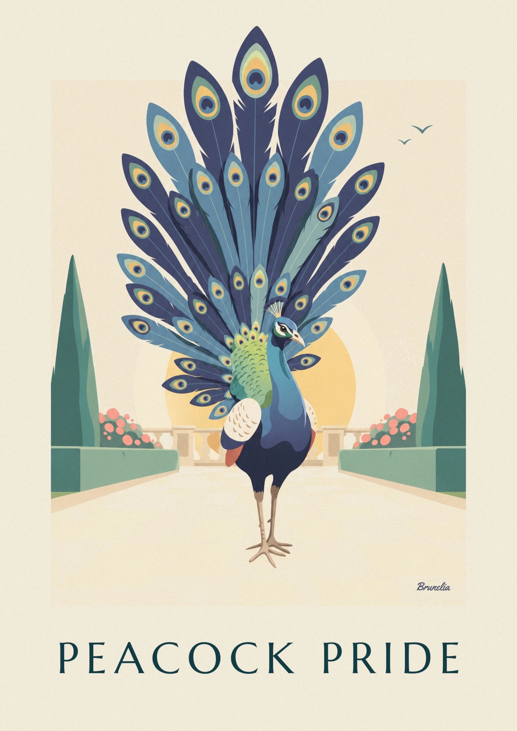 El pavo real azul y verde sobre sus largas patas, delante del sol dorado y la balaustrada