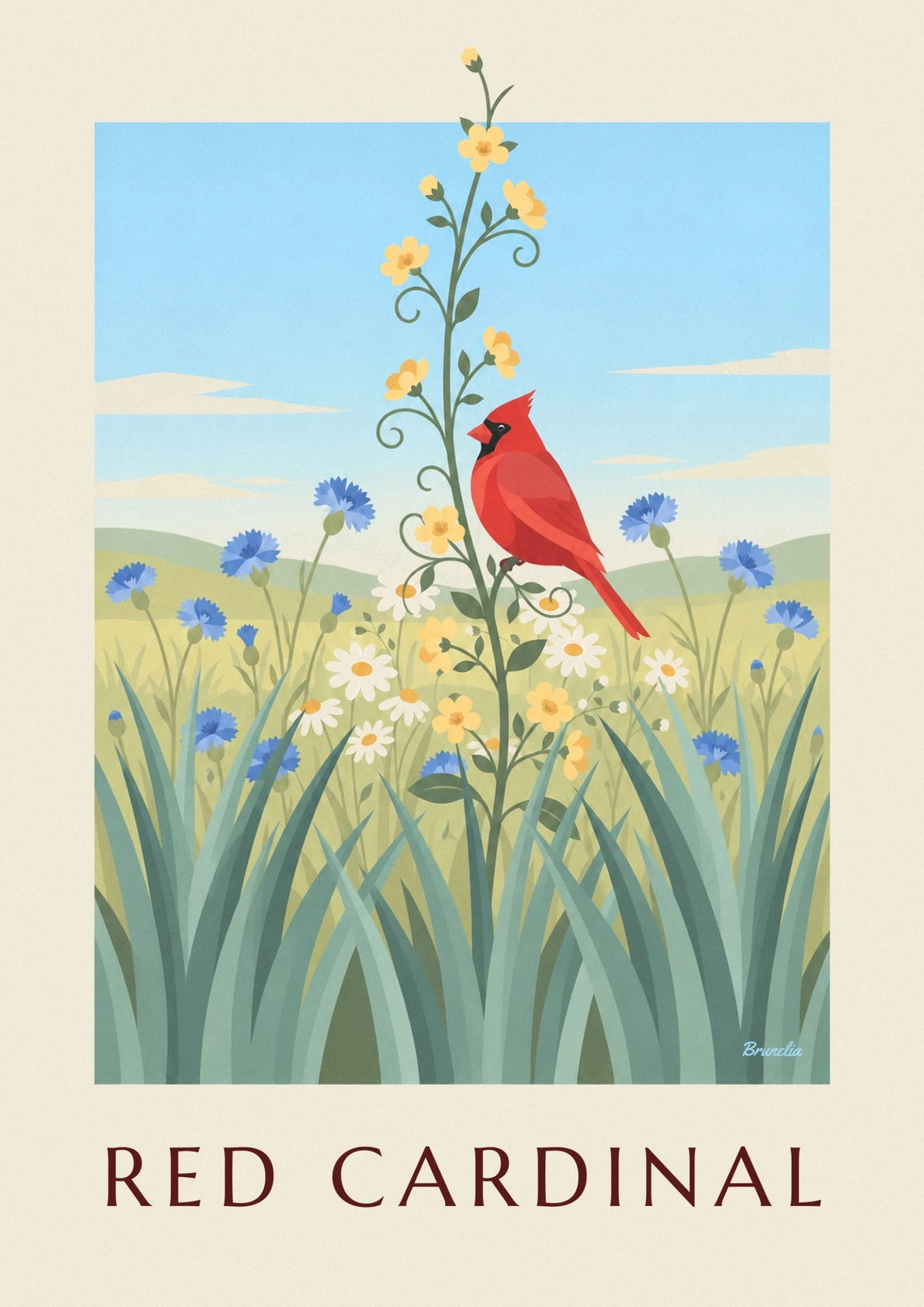 Red cardinal and wildflowers poster