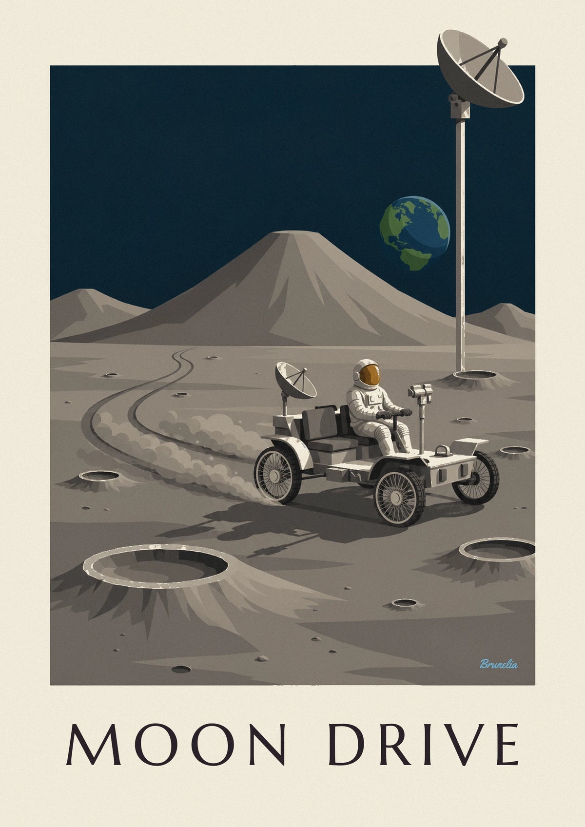 Póster de vehículo lunar rodando entre los cráteres de la Luna