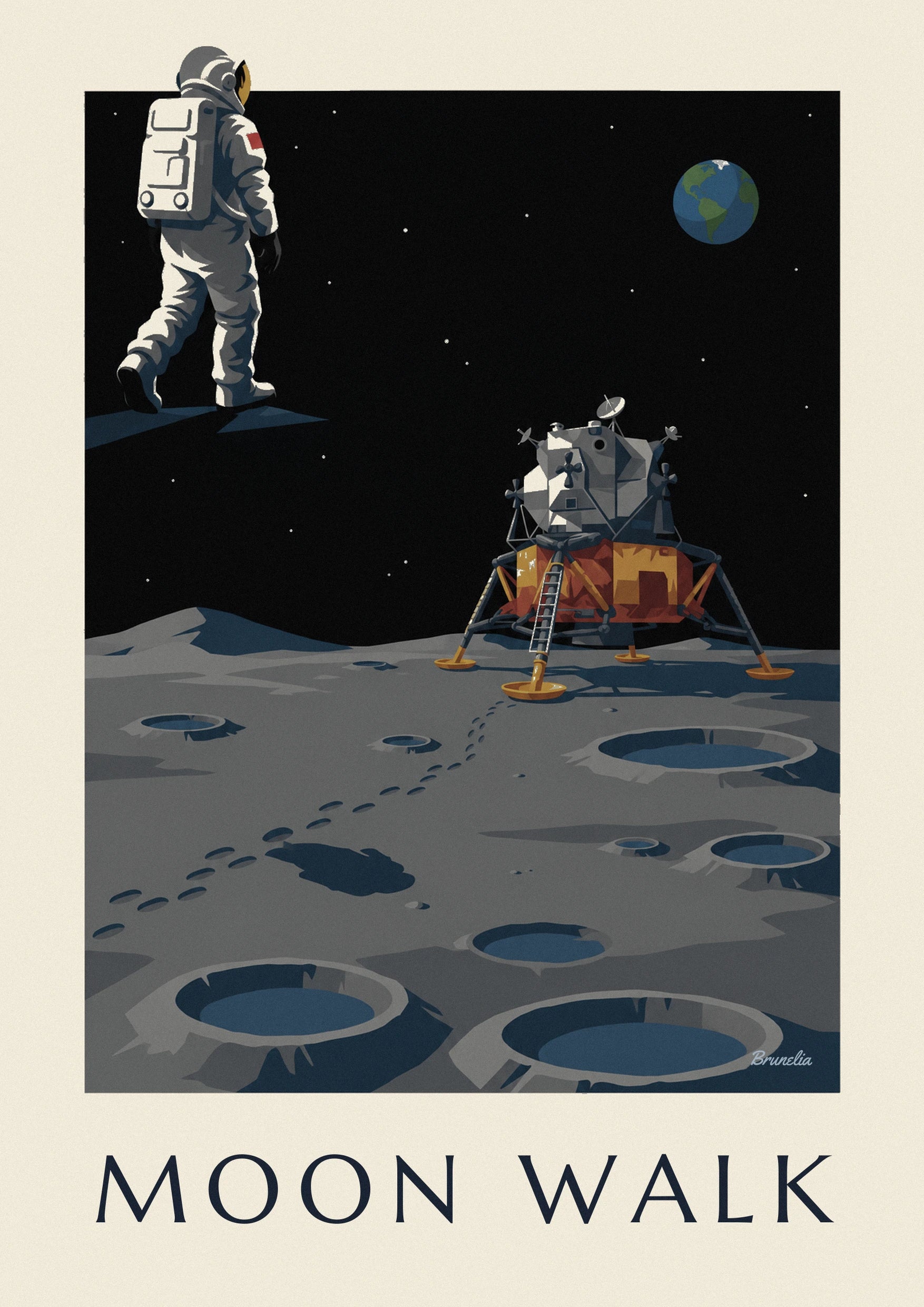 Astronaut walking toward the lunar module on the Moon poster: close-up detail