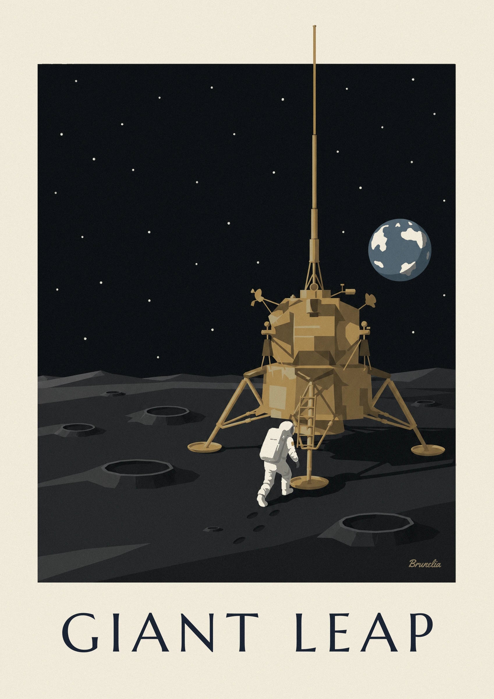Le module lunaire doré, son antenne et la Terre bleue dans le ciel noir