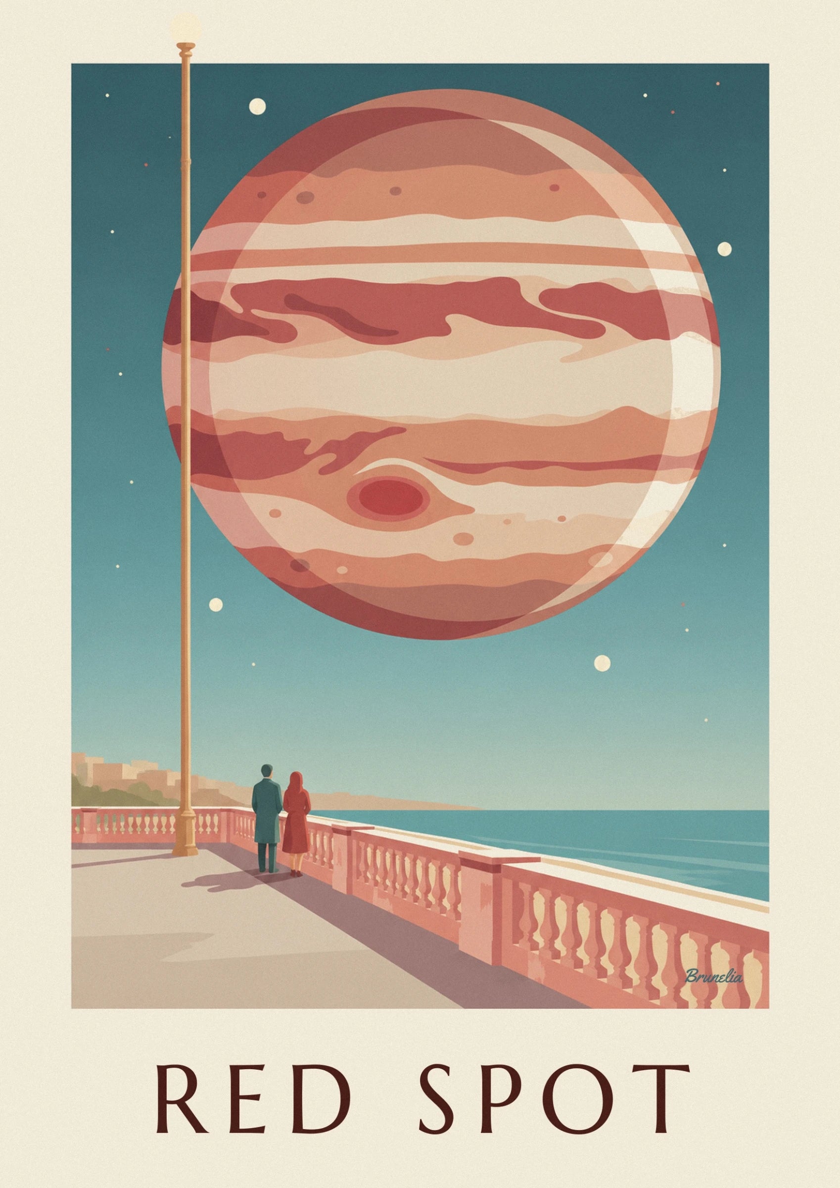 The cream, orange and red bands of Jupiter against the dark blue sky