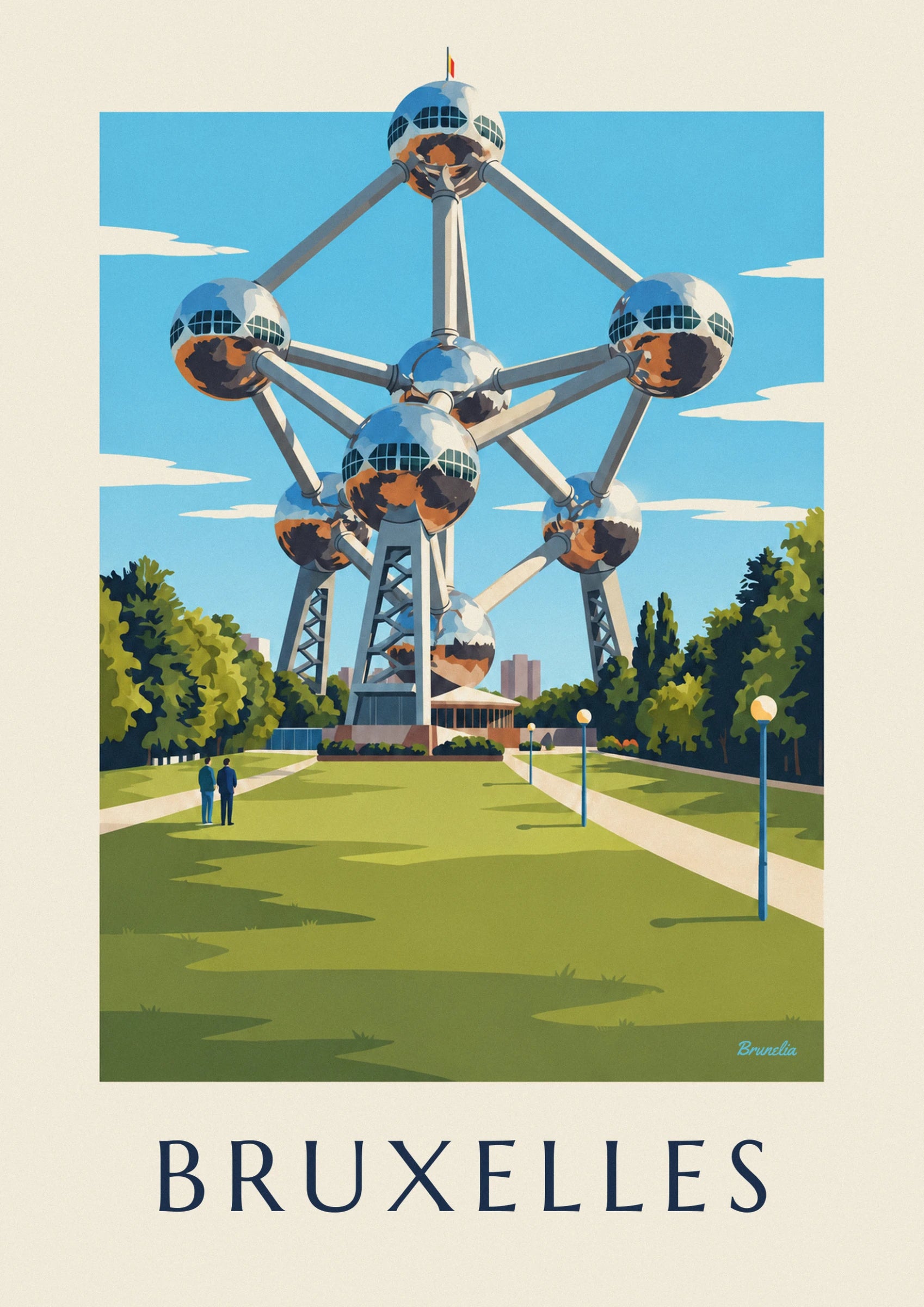 Las esferas de acero del Atomium y sus tubos de unión contra un cielo azul
