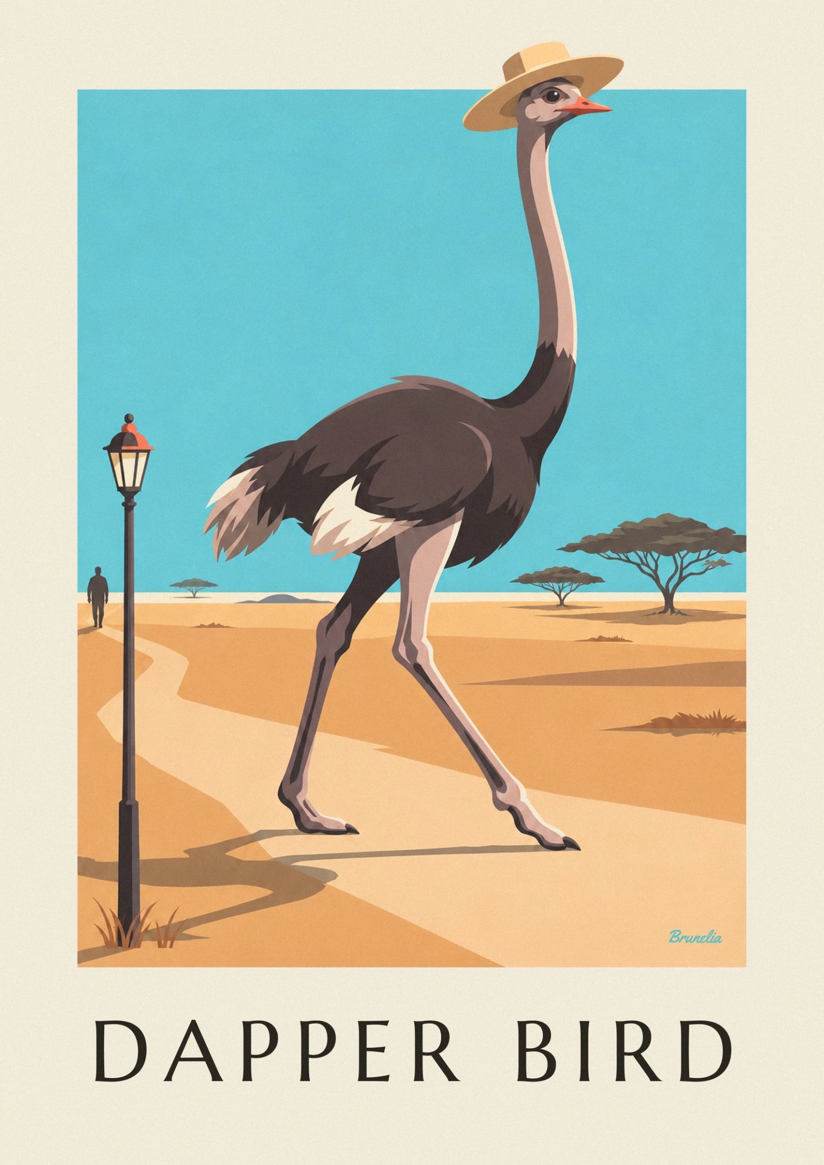 The ostrich’s head with its orange beak beneath a wide straw-coloured Panama hat