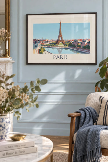 Affiche avion à hélices survolant la tour Eiffel à Paris : encadrée au mur