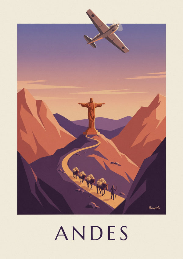 Affiche avion postal et caravane de mules dans les Andes