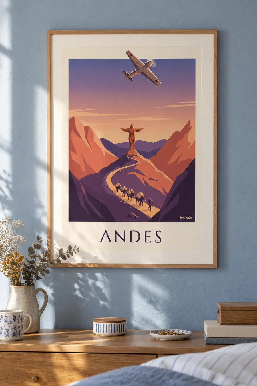 Affiche avion postal et caravane de mules dans les Andes : encadrée au mur