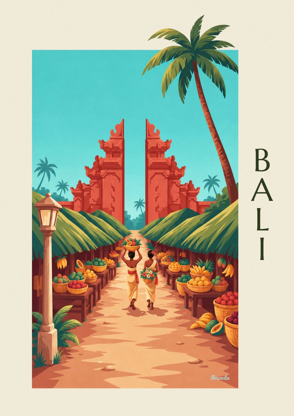 Affiche marché local de Bali et porte de temple balinais