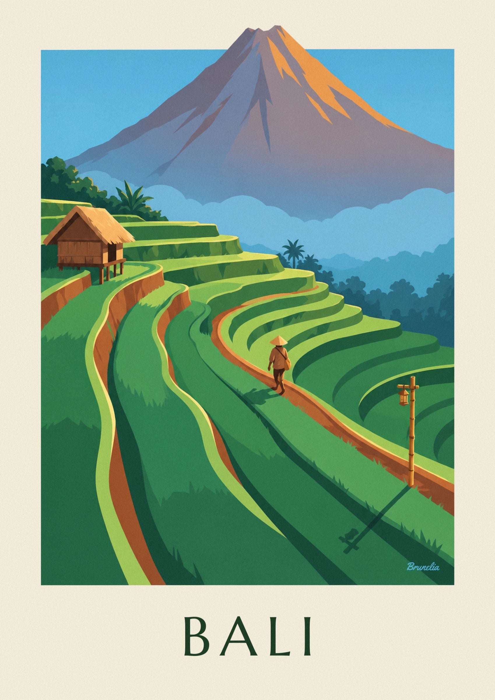 The orange slopes of mont Agung above the rice fields and palm trees