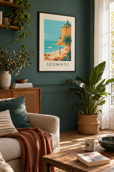 Poster of a surfer at the foot of the Uluwatu temple in Bali: framed on the wall