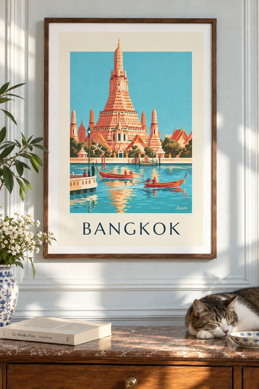Poster of boats in front of the Temple of Dawn in Bangkok: framed on the wall