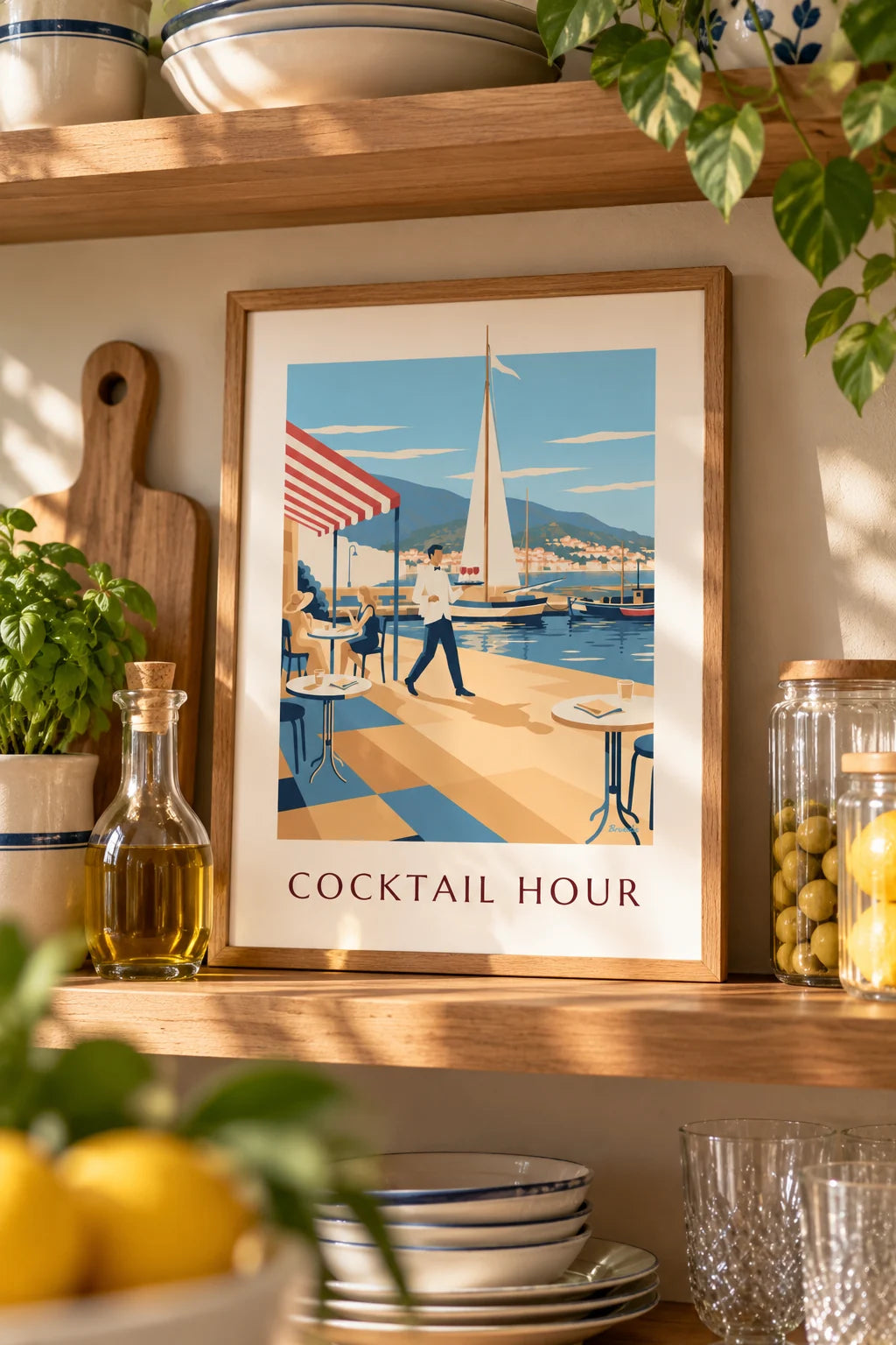 Kitchen: Waiter and aperitifs on a harbor terrace poster on the wall
