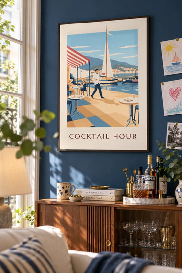 Waiter and aperitifs on a harbor terrace poster: framed on the wall