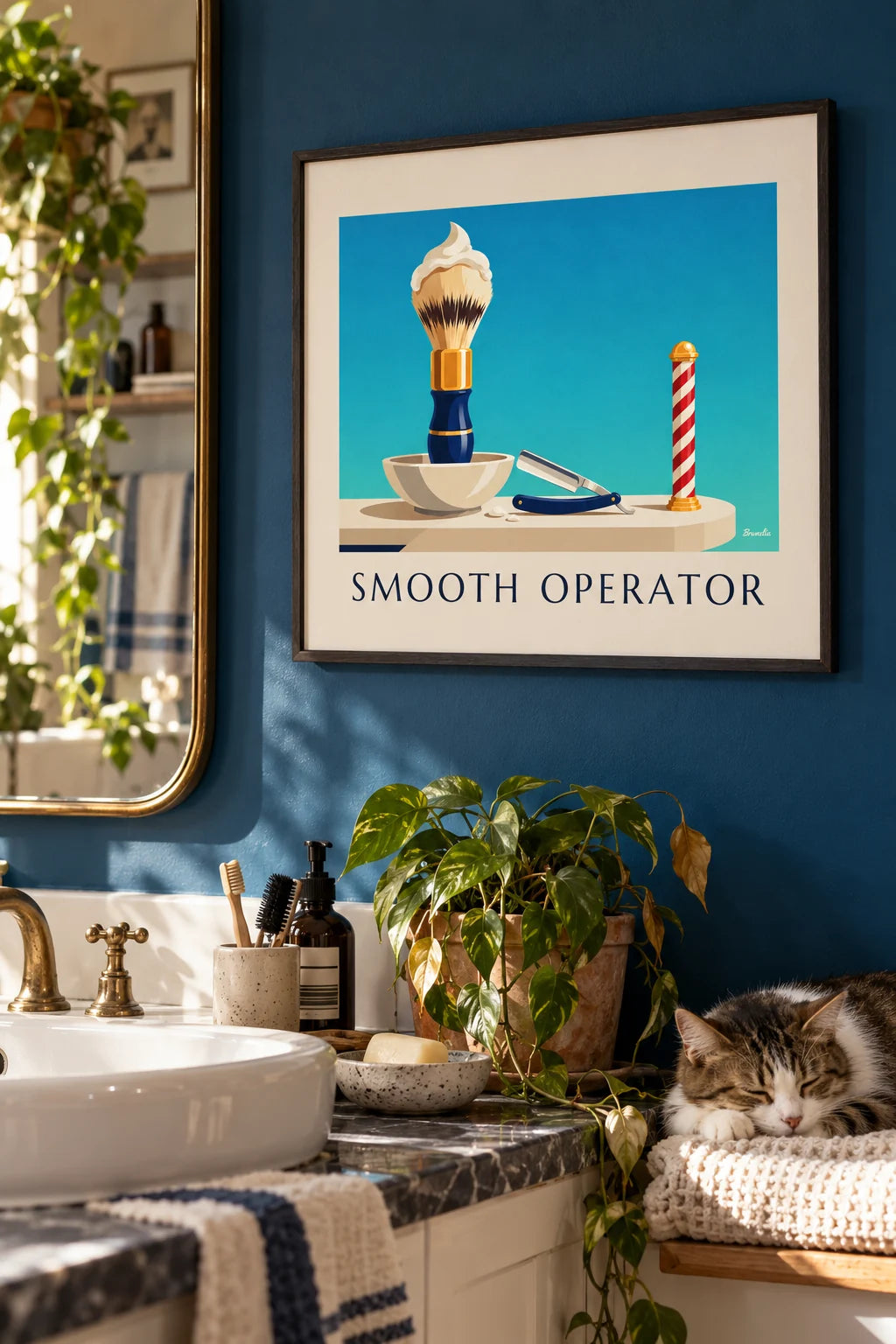 Bathroom: Straight razor and shaving brush in lather bowl poster on the wall
