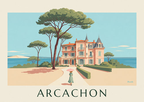 Póster de una villa del barrio Ville d'Hiver de Arcachon entre pinos: la lámina completa
