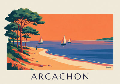 Póster cuenca de Arcachón al atardecer, veleros y pinos: el póster completo