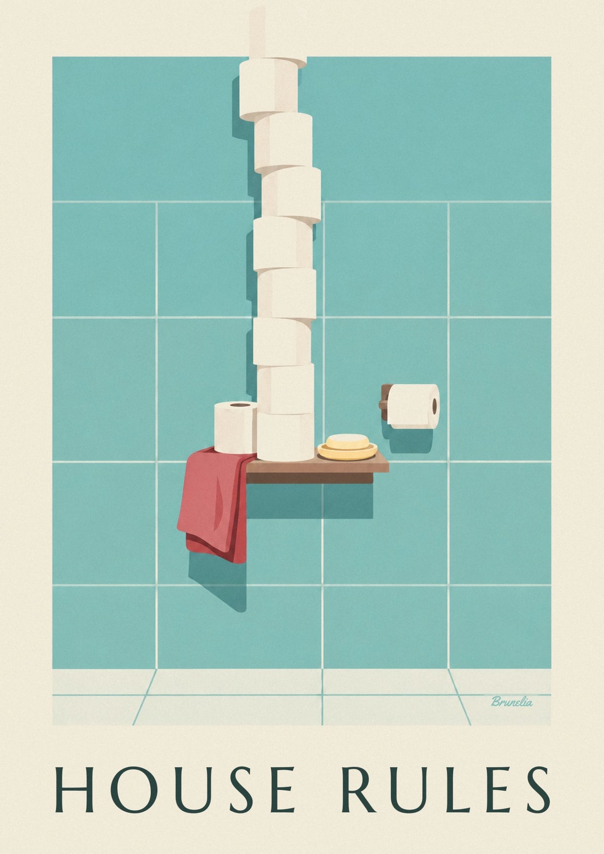 Toilet paper roll and bathroom rules poster