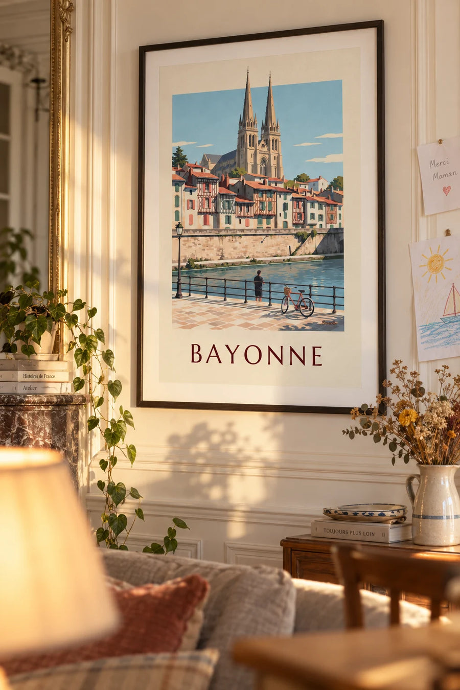Poster of Bayonne cathedral and a bicycle on the banks of the Nive: framed on the wall