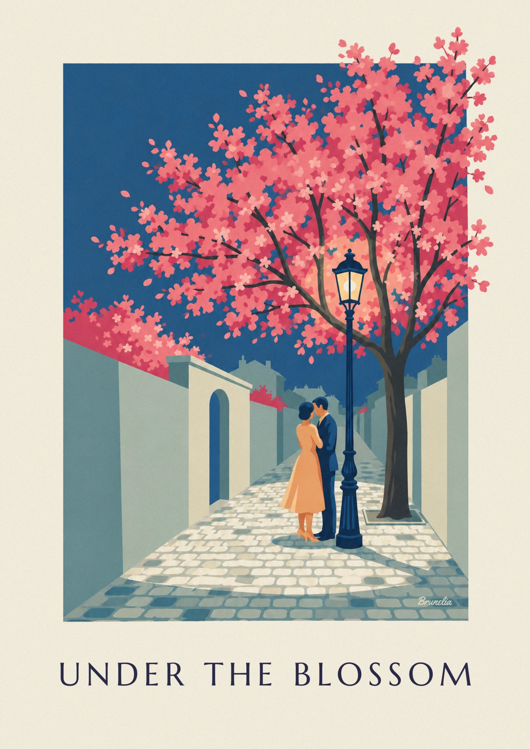 La pareja abrazada bajo la farola azul, ella con un vestido naranja, sobre los adoquines