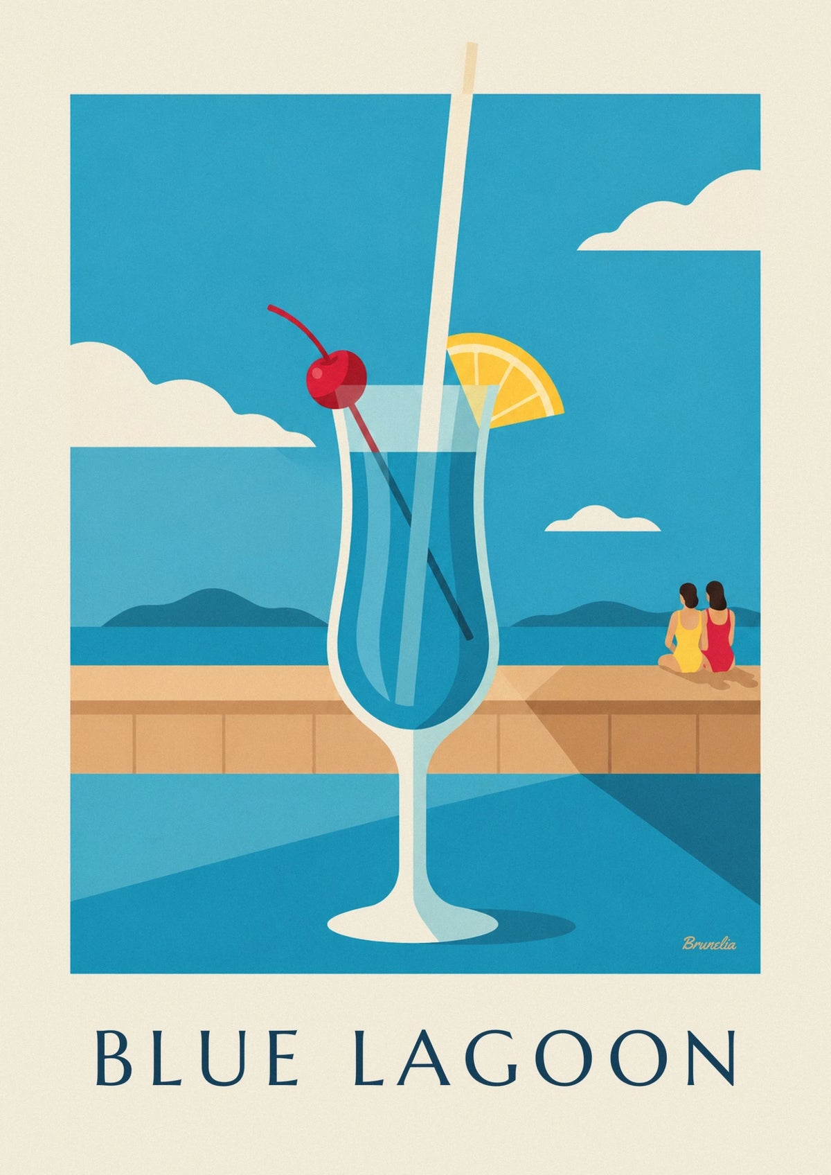 Affiche cocktail Blue Lagoon sur un bar de plage face au lagon