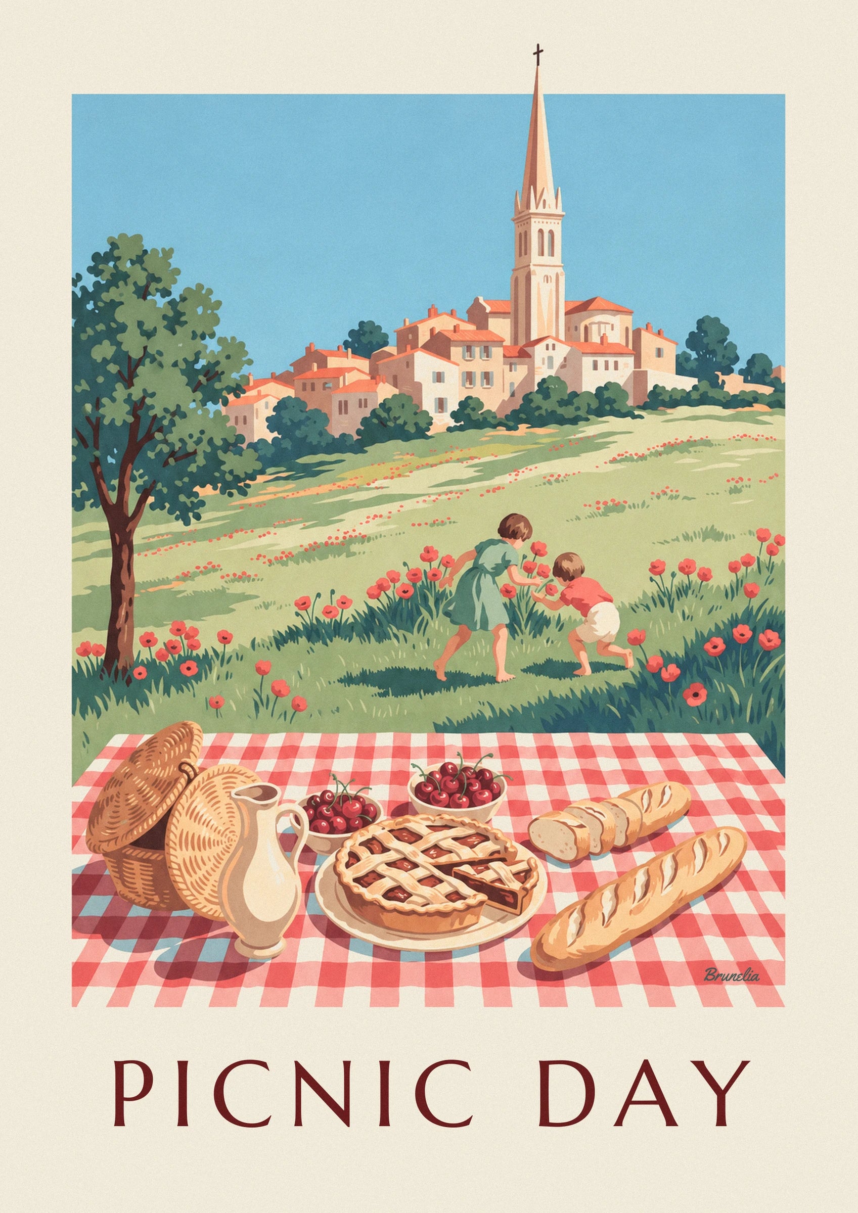 The golden lattice-topped tart and bowls of cherries on the checked tablecloth